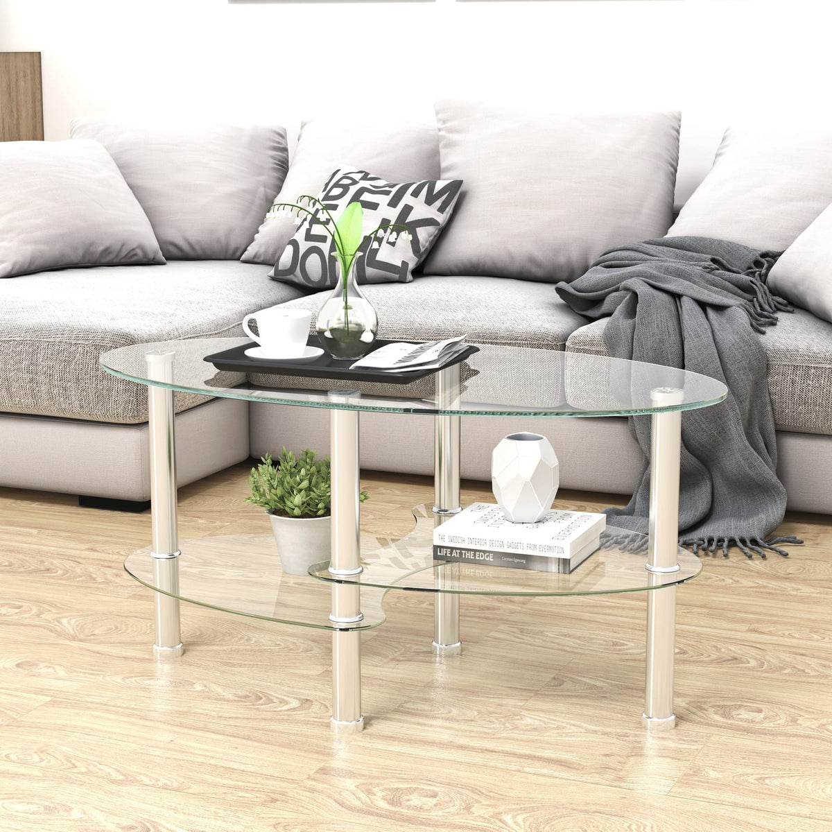 Transparent Oval Glass Coffee Table - Modern Design for Living Room