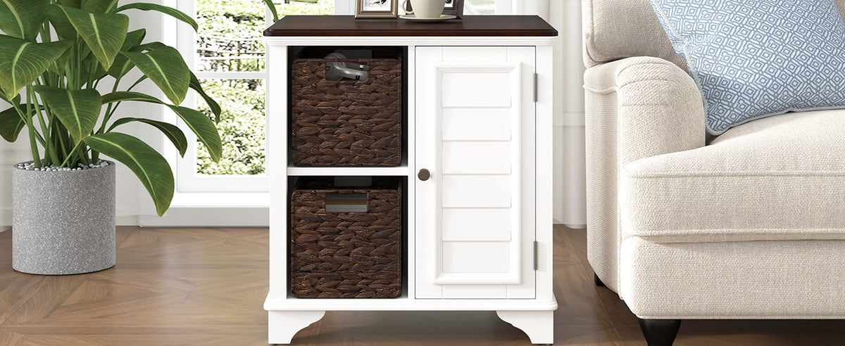 White MDF End Table with Baskets - 23.1" x 18.1"