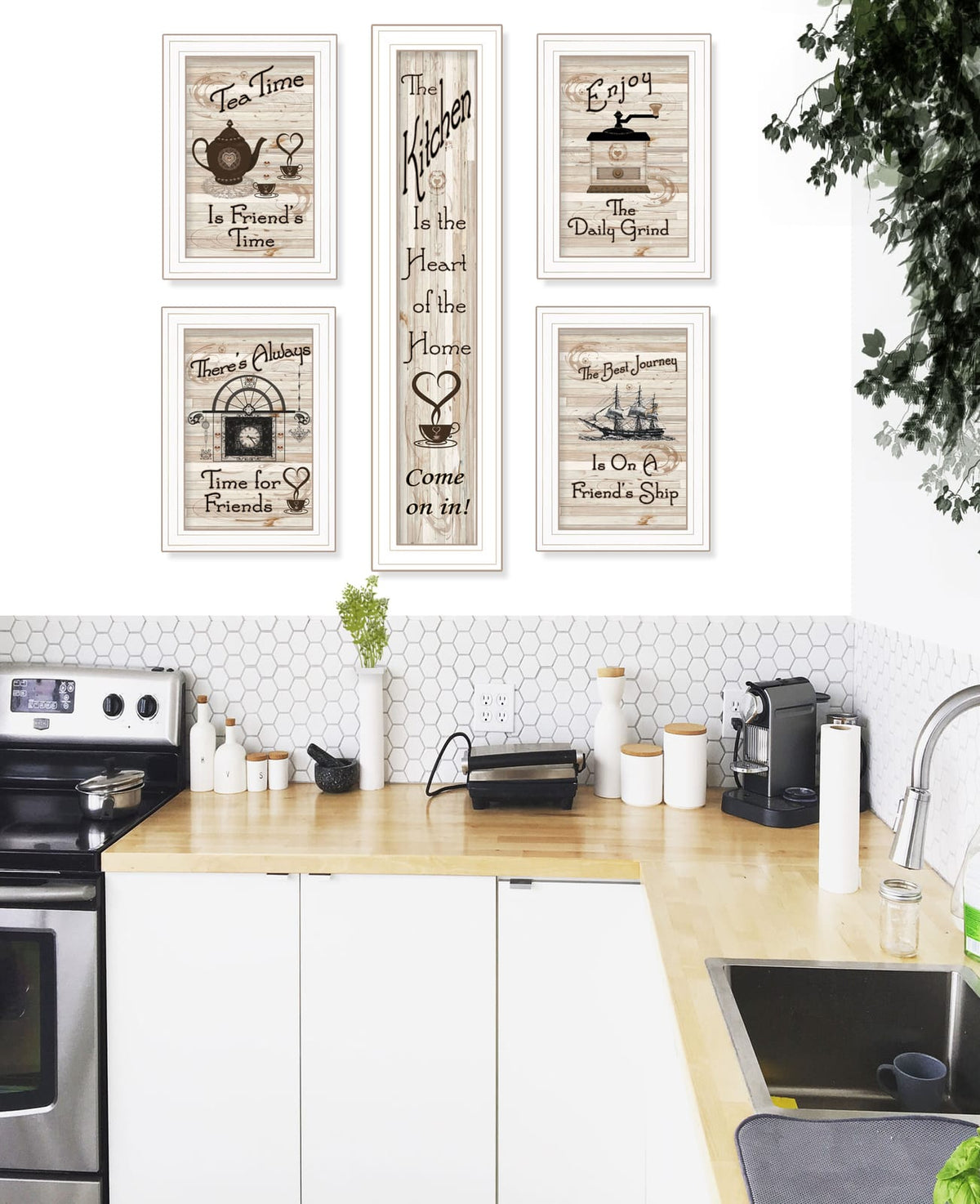 5 Piece White Frame Wall Decor Vignette for Kitchen Walls