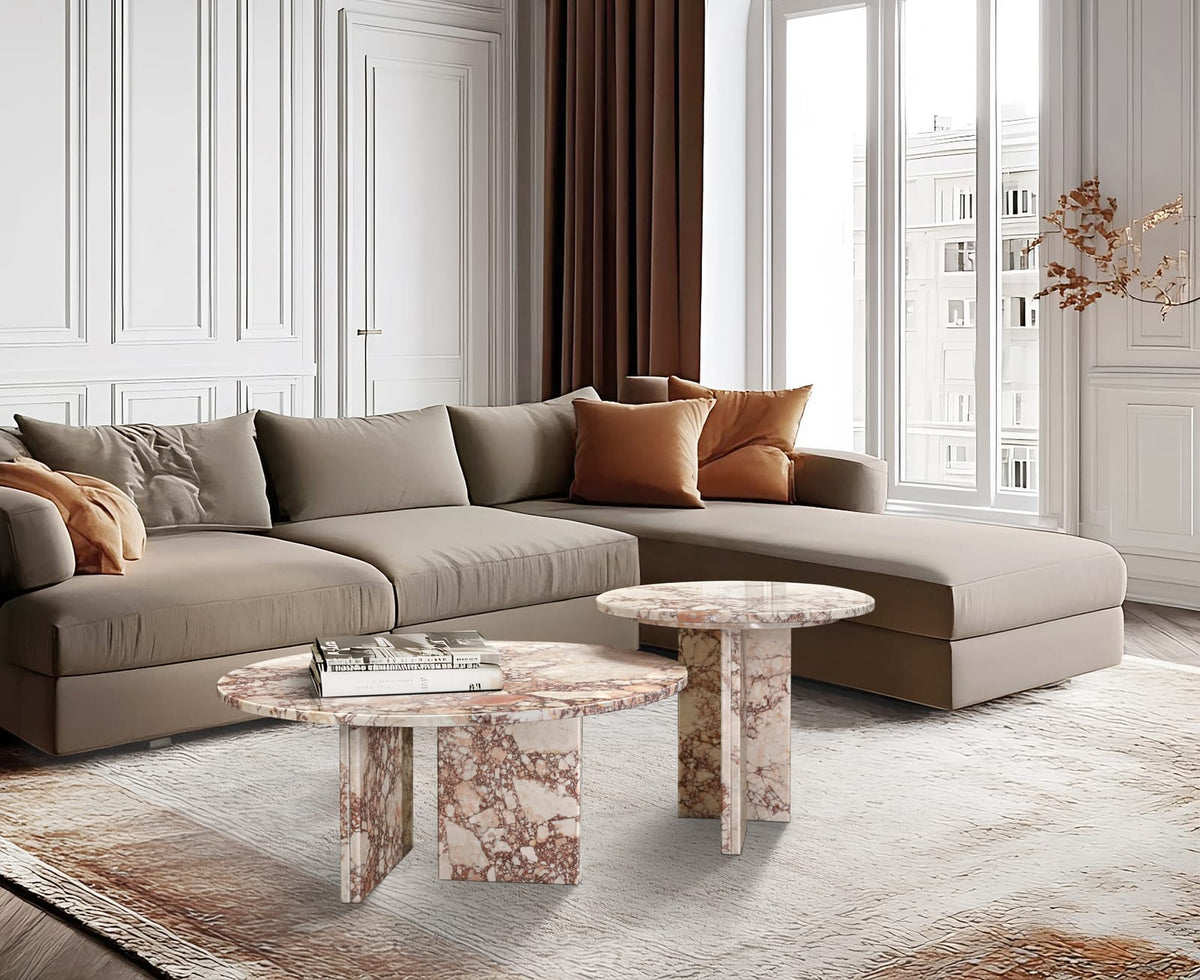 Pink Marble Round Coffee Table Set - 2 Piece