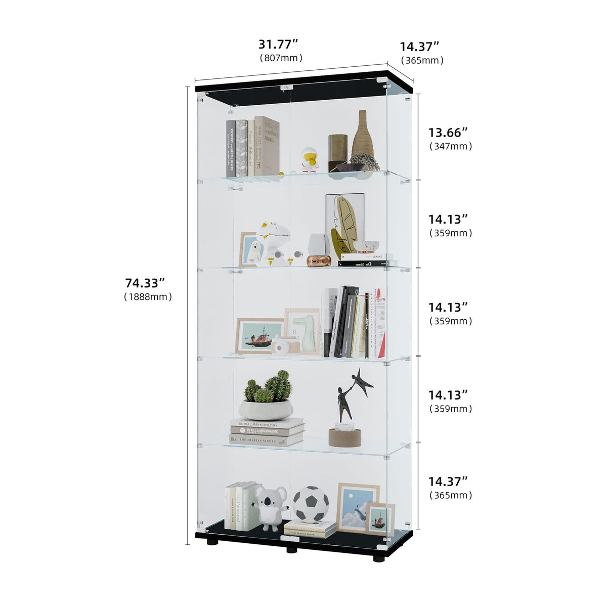 Tall 5-Shelf Glass Display Cabinet - Black