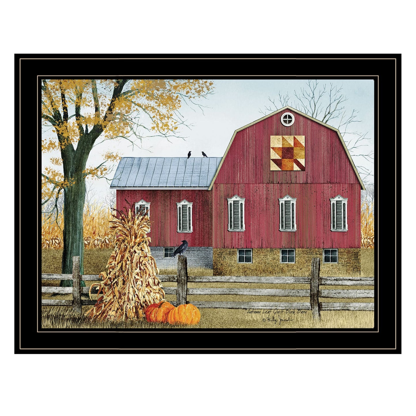 Black Frame Autumn Leaf Quilt Block Barn Print