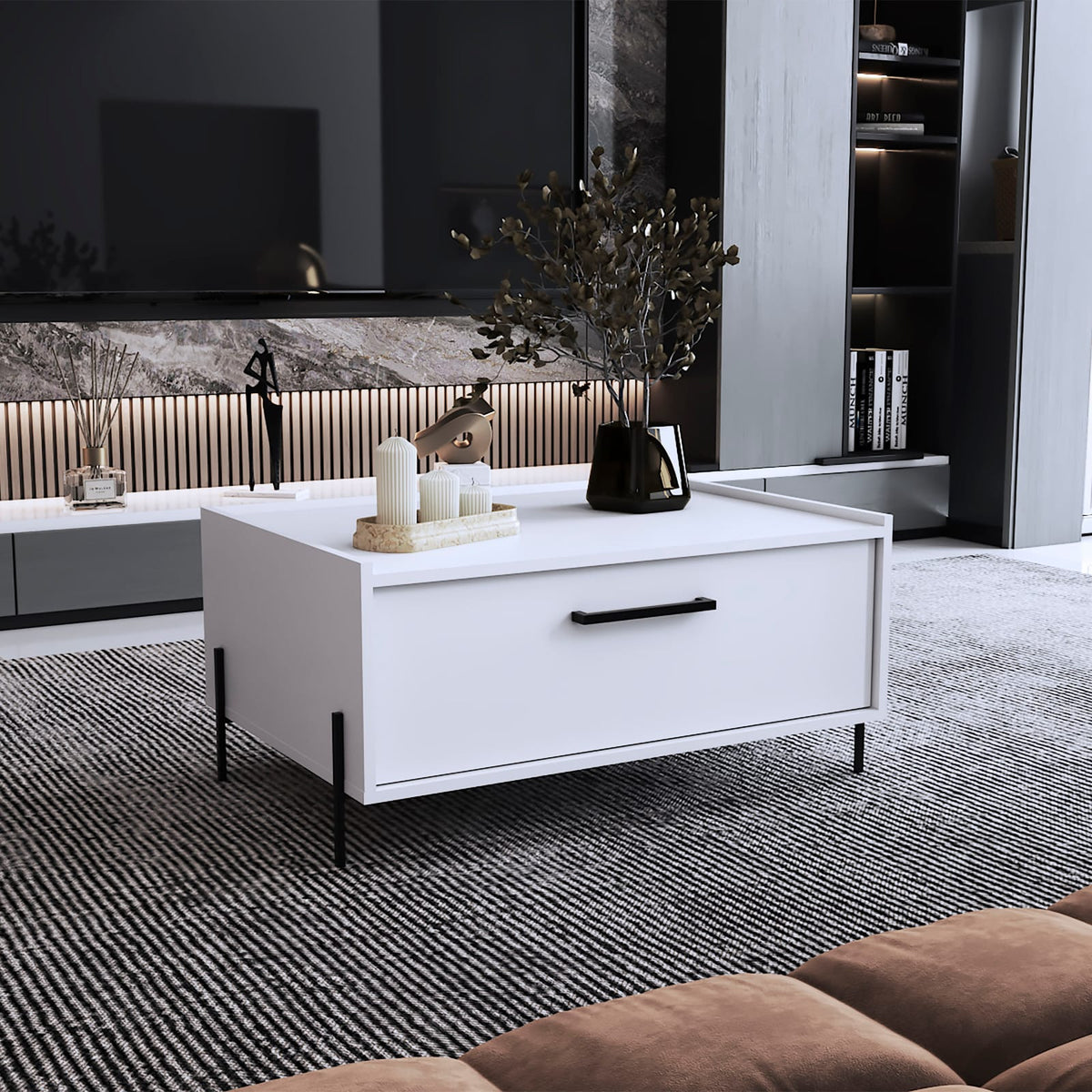 Modern White Engineered Wood Coffee Table with Storage Shelf for Living Room