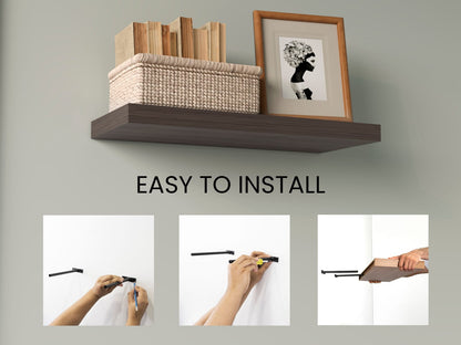 Brown Floating Wood Shelves with Two Spaces for Display and Storage for Living Room