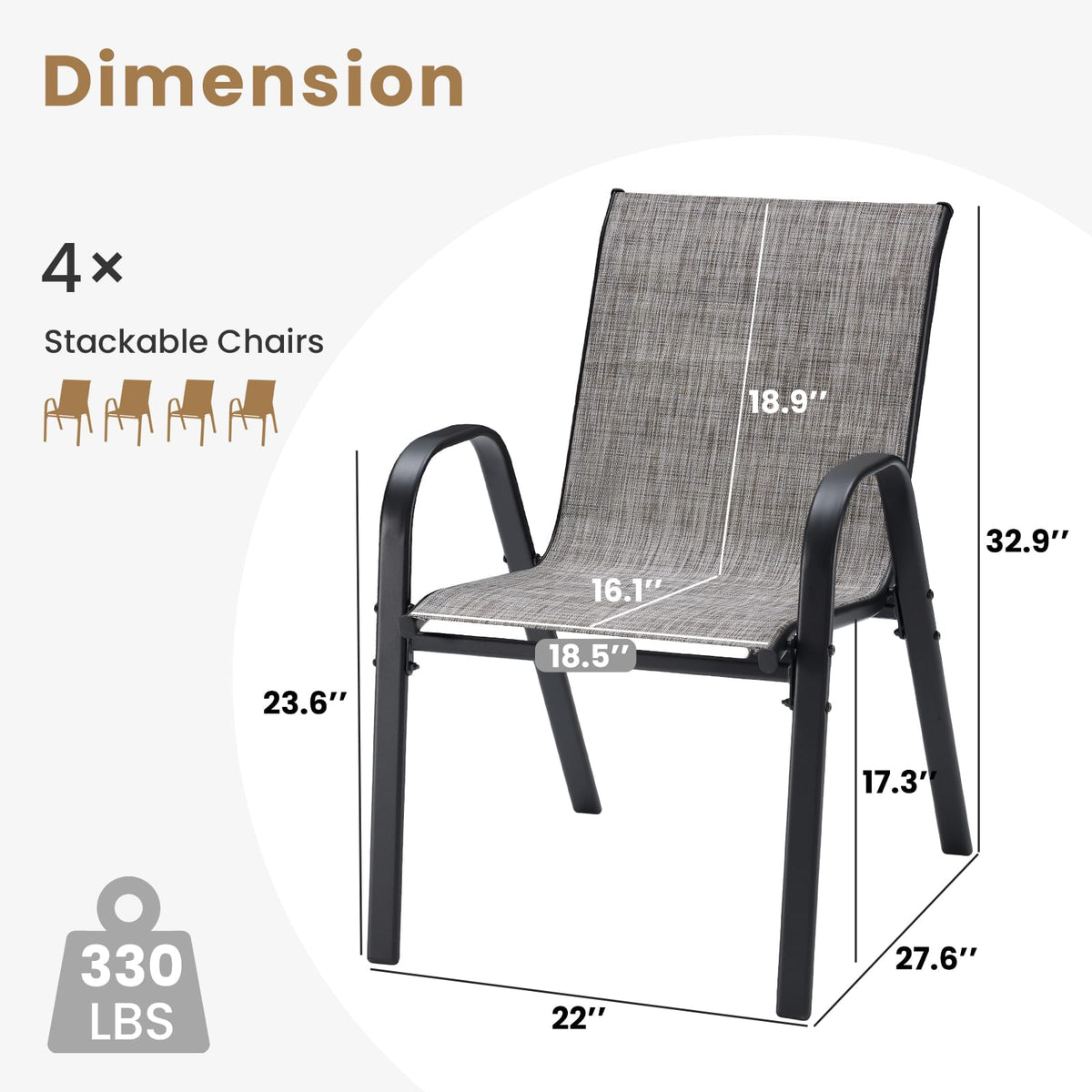 Grey Metal Stackable Patio Chairs - Set of 4