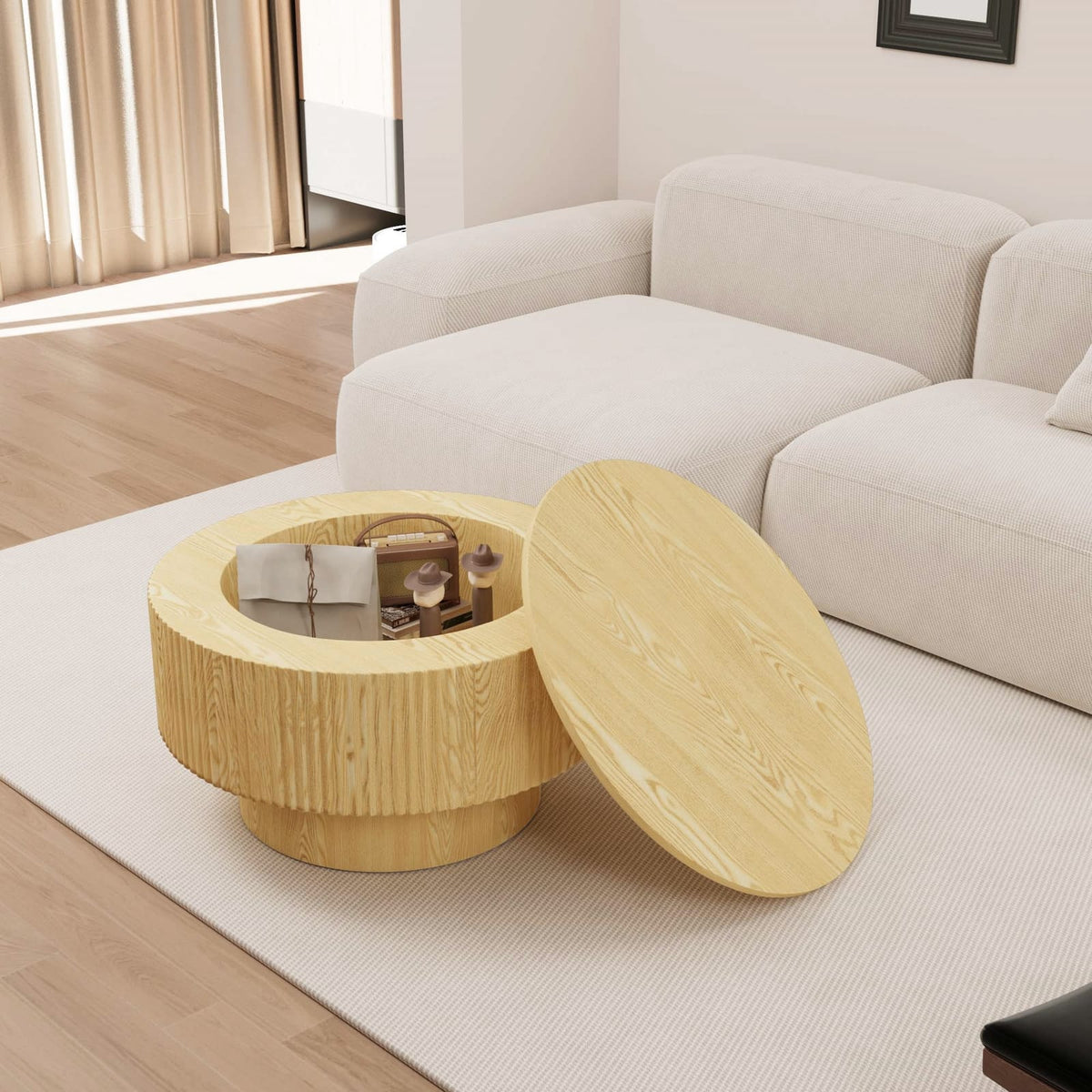 Natural Wood Circular Coffee Table - 29.5" Storage Table