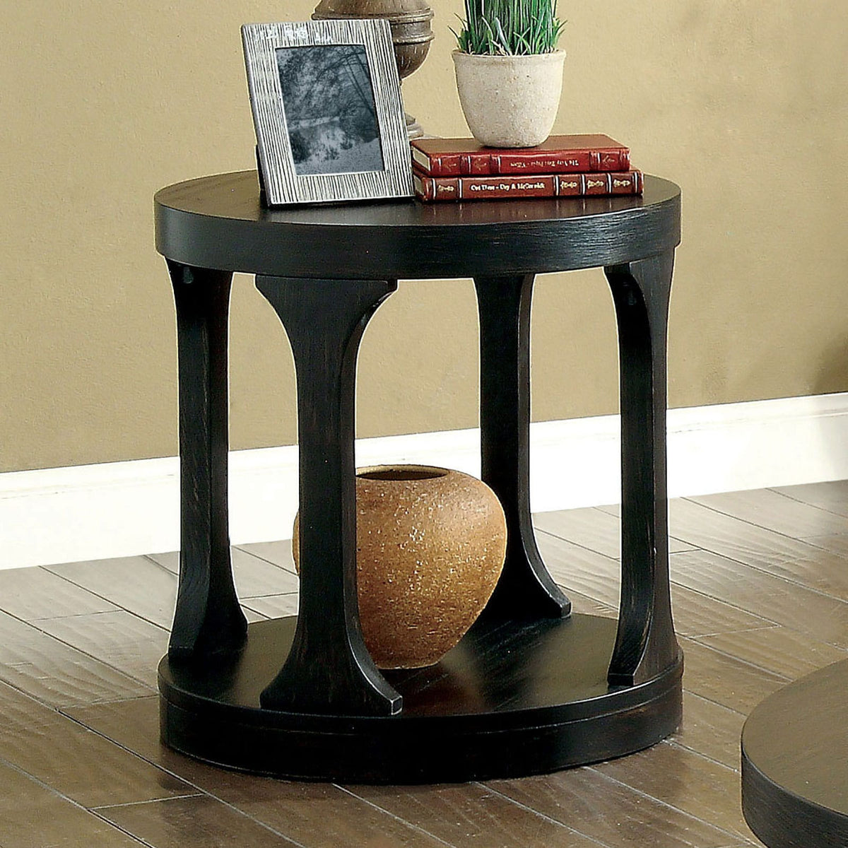 Antique Black Round End Table - 22" Storage Shelf for Living Room