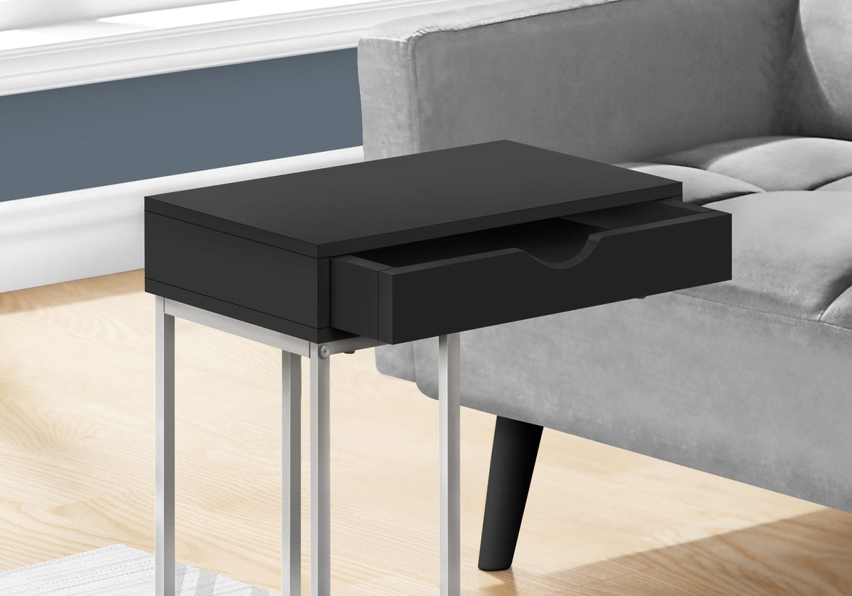 Black C-Shaped Accent Table with Storage Drawer