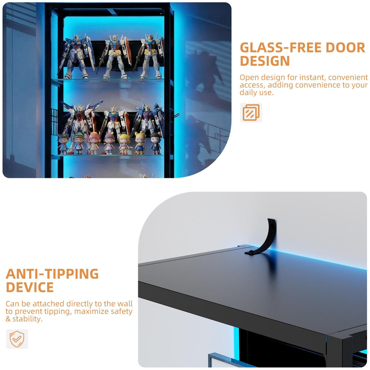 4-Tier Glass Display Shelf - RGB Lights & Storage