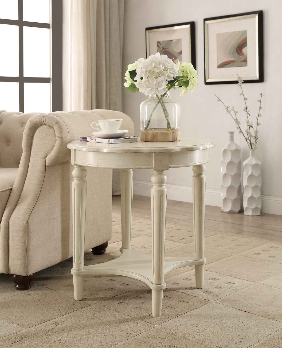 Antique White End Table with Bottom Shelf for Living Room