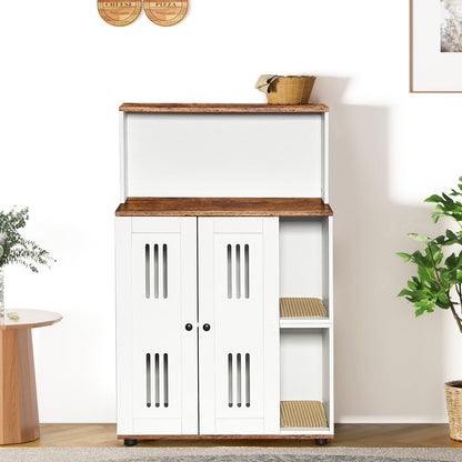 31.5" White+Walnut Cat Litter Box Cabinet - 2 Cat Storage