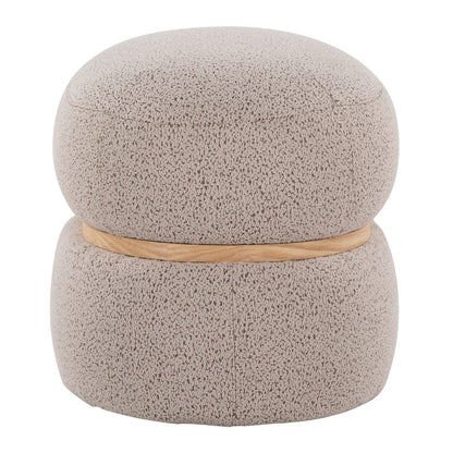 Beige Boucl Ottoman with Natural Wood Accent for Living Room