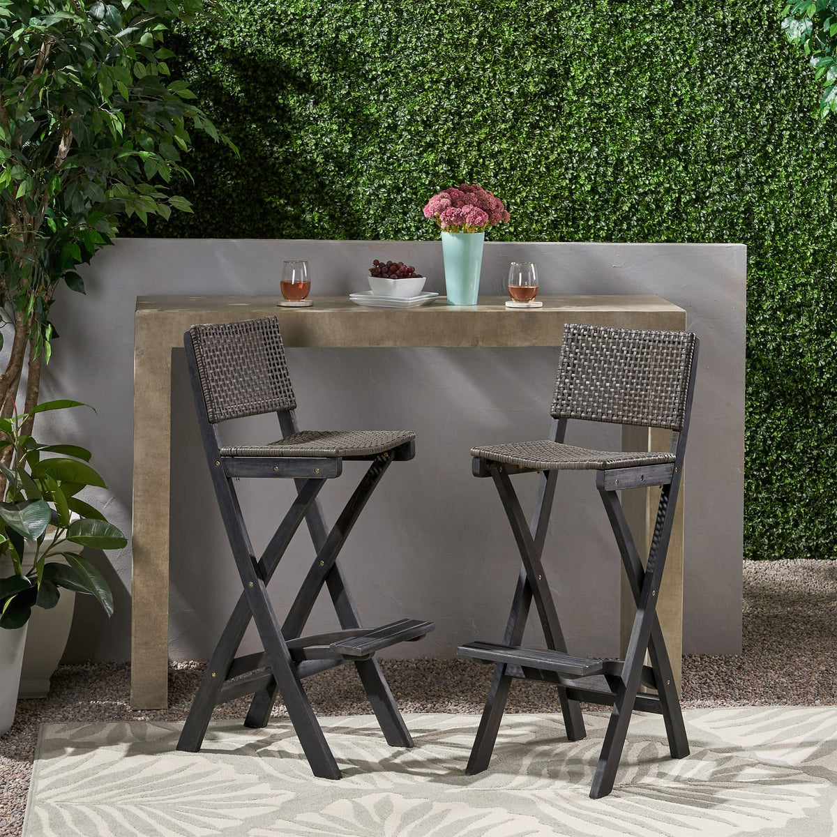 Dark Gray Acacia Wood Folding Barstools - Set of 2 for Outdoor