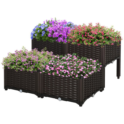 Outsunny 4 Piece Raised Garden Bed - Brown Plastic Planters
