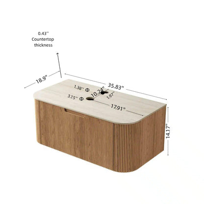 35.8" Beige Bathroom Vanity with Natural Wood Countertop