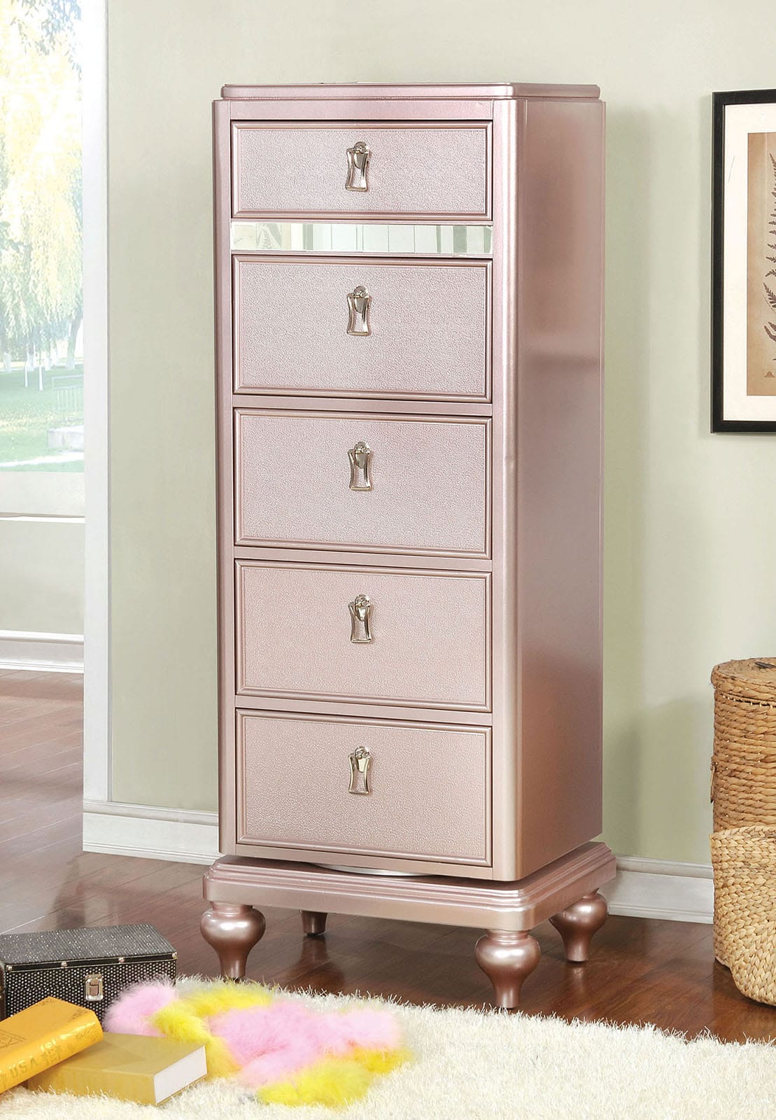 Contemporary Rose Gold Swivel Dresser - Mirror Trim Bedroom Storage