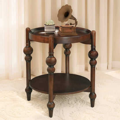 Dark Brown Round Side Table with Shelf for Bedroom or Living Room