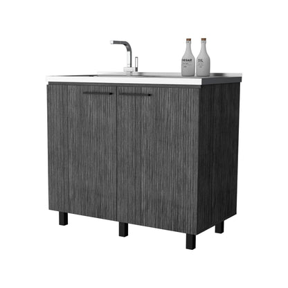 Gray Wood Utility Sink Cabinet with 2 Bowls
