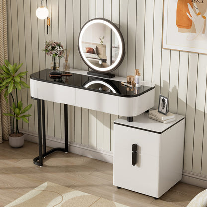 Modern White MDF Vanity with Tempered Glass Mirror and Storage for Bedroom