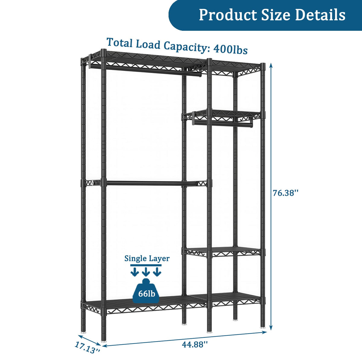 Heavy Duty Clothes Rack - Black Adjustable Shelving Unit