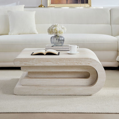 33.86 Inch Square Faux Travertine Coffee Table - Beige MDF
