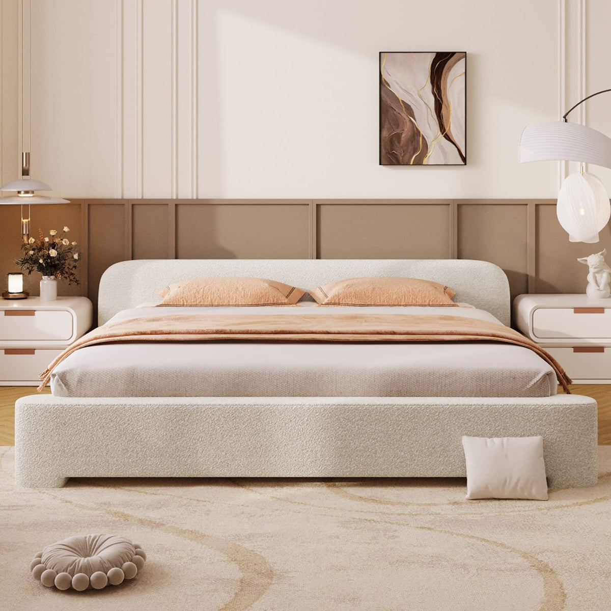 Cozy White Boucle Upholstered Bed - King Size, Box Spring Not Required