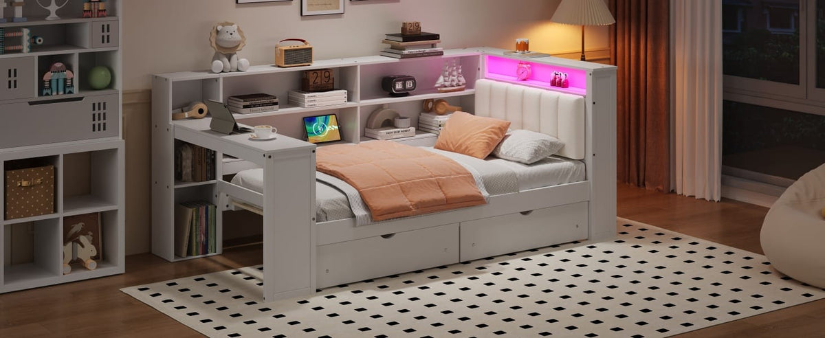 Twin Size Beige+White Wood Platform Bed with Storage