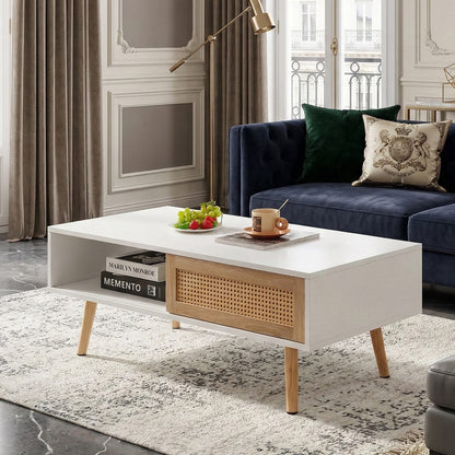 41.34" Rattan Coffee Table with Sliding Door - White for Living Room