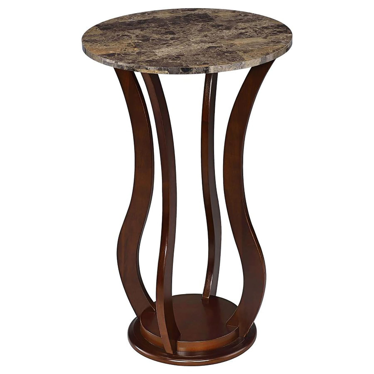 Brown Round Wood Accent Table with Faux Marble Top for Living Spaces for Living Room