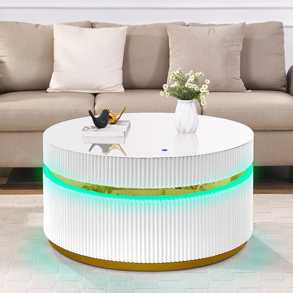White Round Glass Coffee Table with LED Light