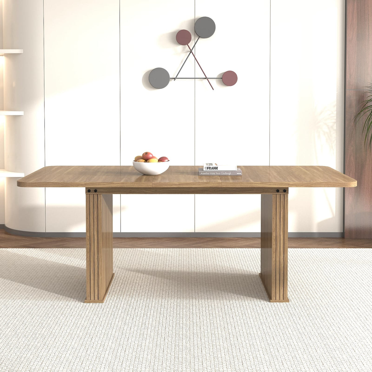 Extendable Dining Table for 6-10 Seats, Modern Beige Brown Wood