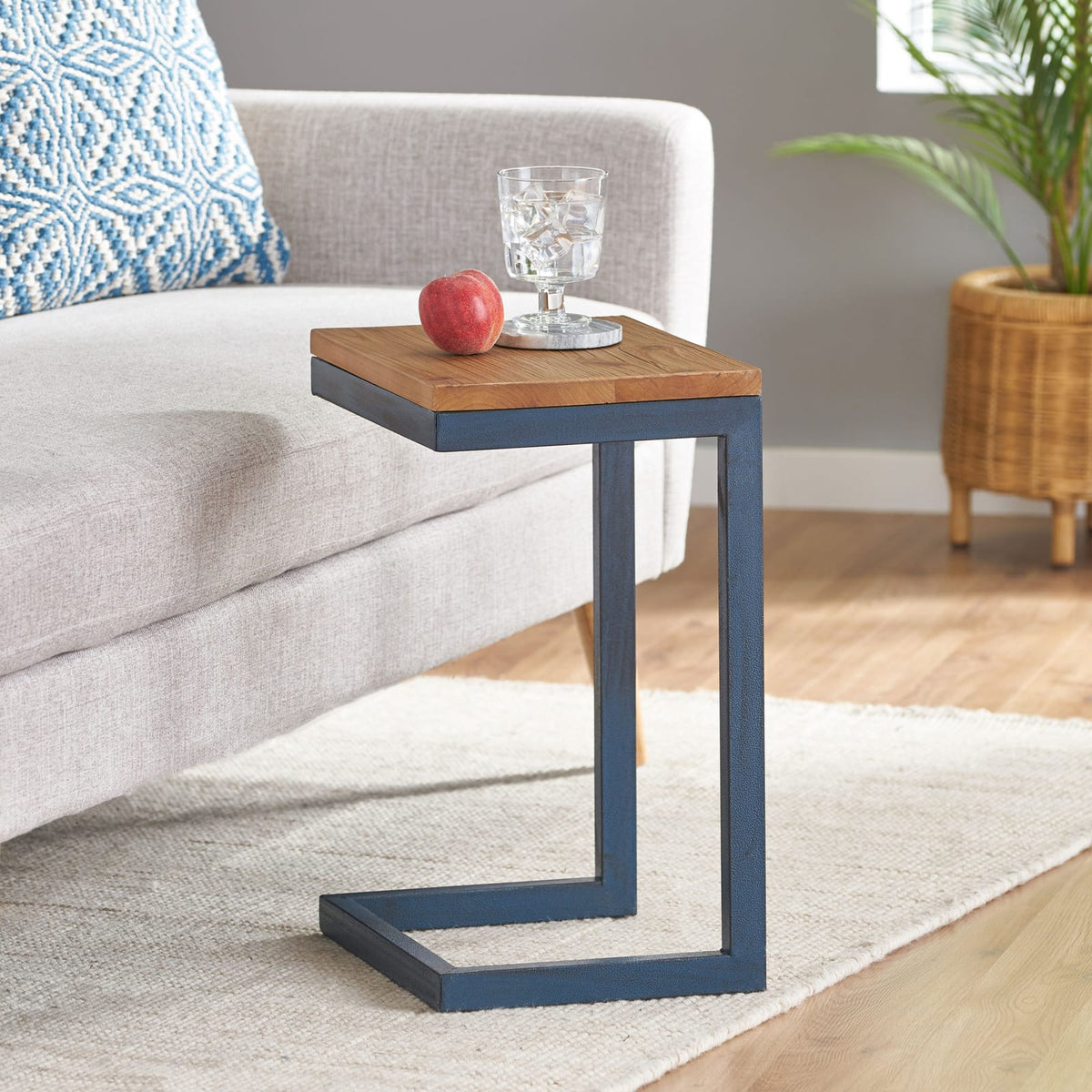 Small Antique Natural Wood End Table - Metal Base