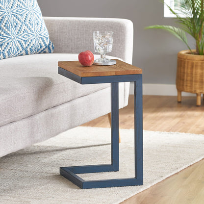 Small Antique Natural Wood End Table - Metal Base