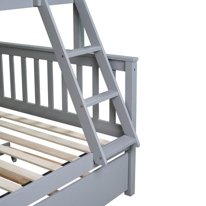 Twin Over Full Bunk Bed with Trundle - Grey Rubber Wood for Bedroom