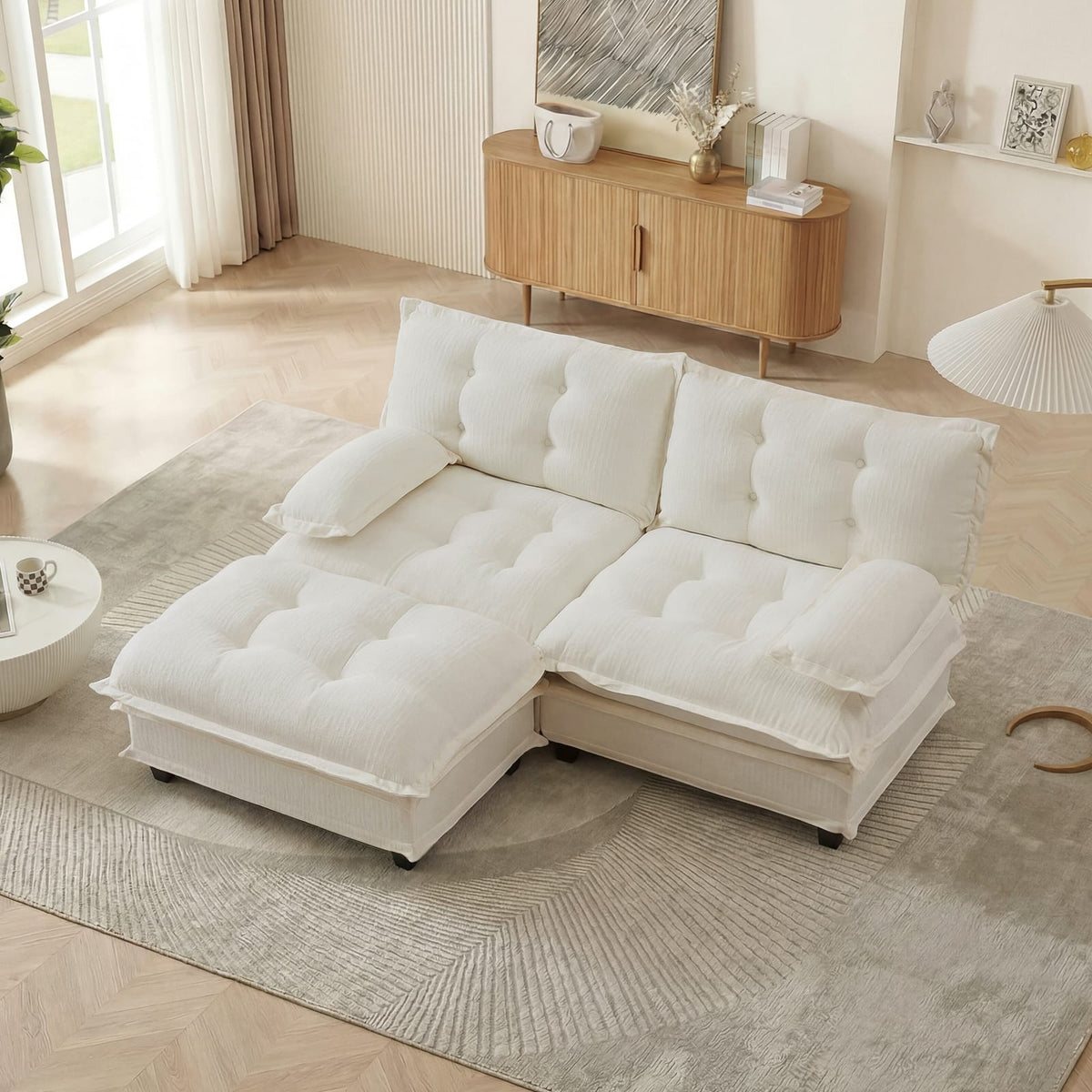2-Seat Beige Chenille L-Shaped Sofa - Modular Sectional Couch for Living Room