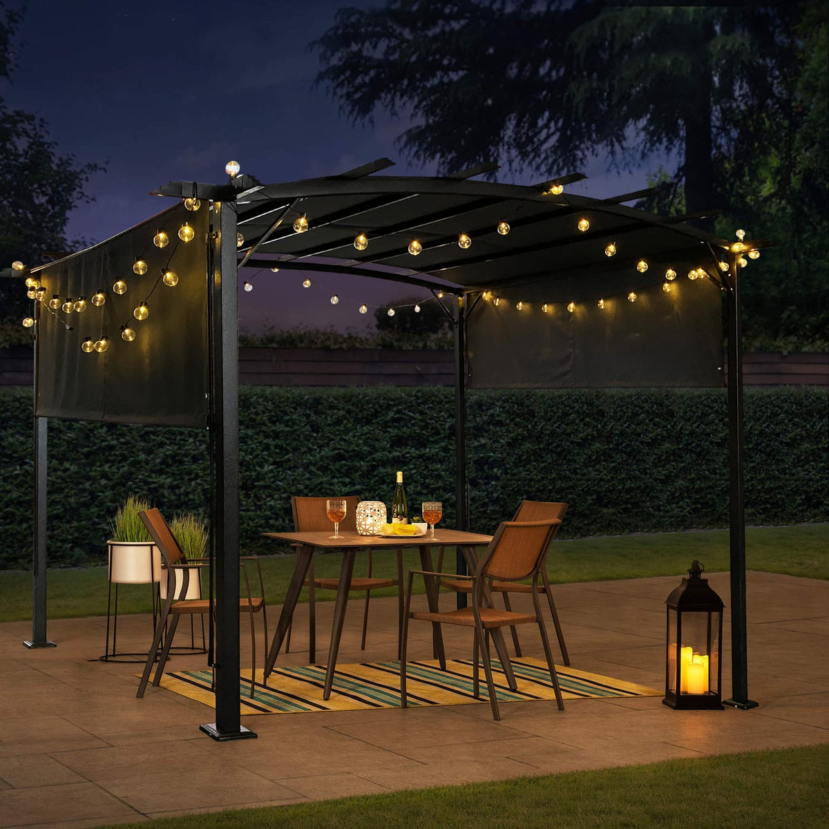 12x9 Ft Gray Steel Patio Gazebo - Retractable Shade