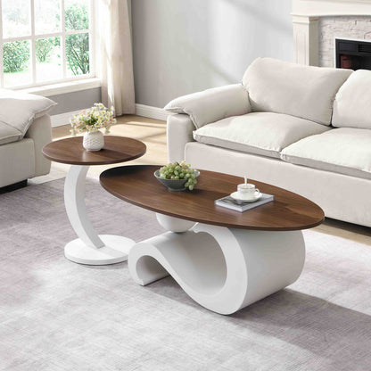 White Nesting Coffee Table Set of 2, Oval & Round Tables for Living Room