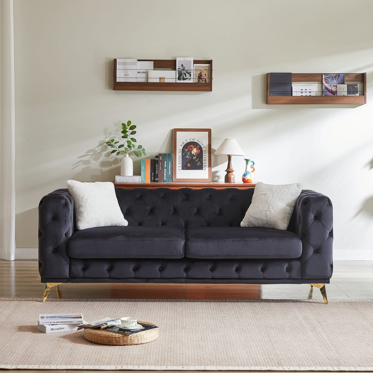 Black Velvet 3 Seat Chesterfield Sofa with Tufting for Living Room