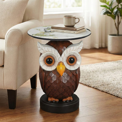 Brown & Antique White Resin Owl Table - Bedroom Accent