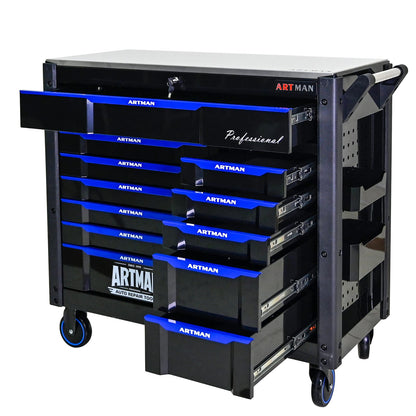 12-Layer Tool Trolley with Wheels - Black & Blue Steel