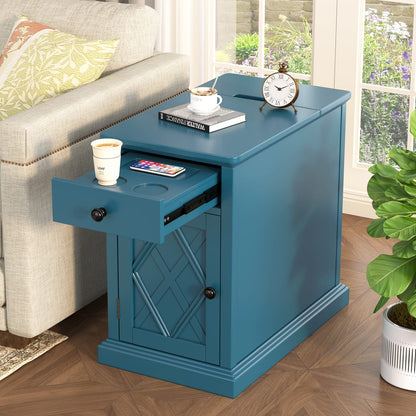 Navy Blue MDF Charging End Table with Storage for Living Room