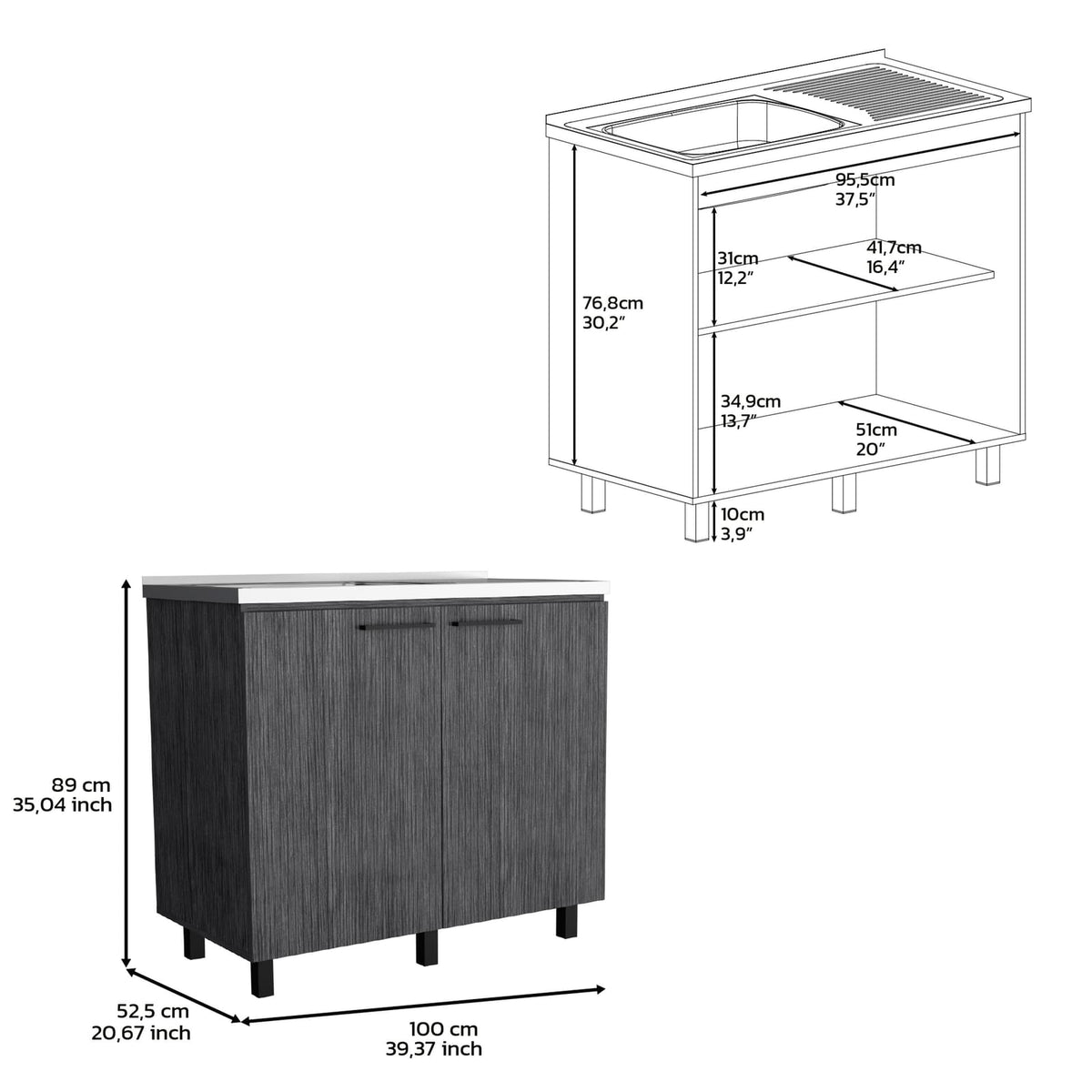 2 Freestanding Utility Base Cabinet - Smokey Oak Kitchen Sink