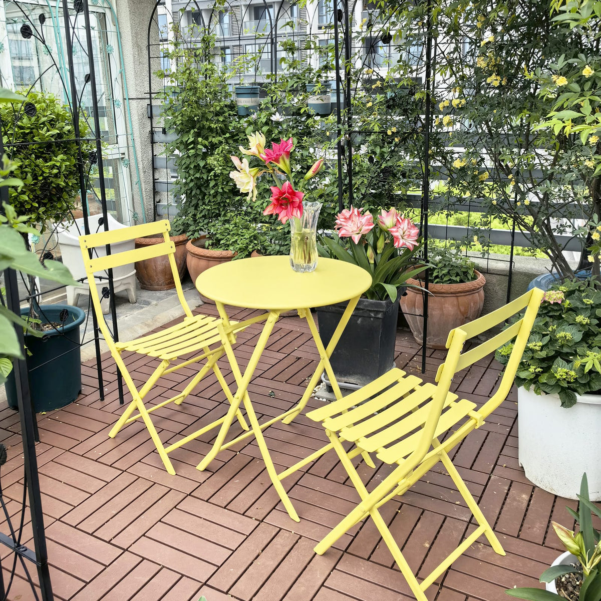 Yellow Metal Folding Bistro Set - 3 Piece Patio Table and Chairs for Outdoor