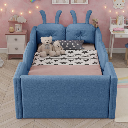Twin Size Teddy Upholstered Bed with Rabbit Cushions