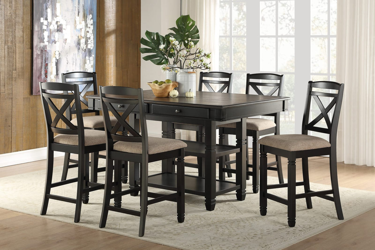 Transitional Dining Chairs Set - Black Wood & Beige Fabric, Counter Height 2pc