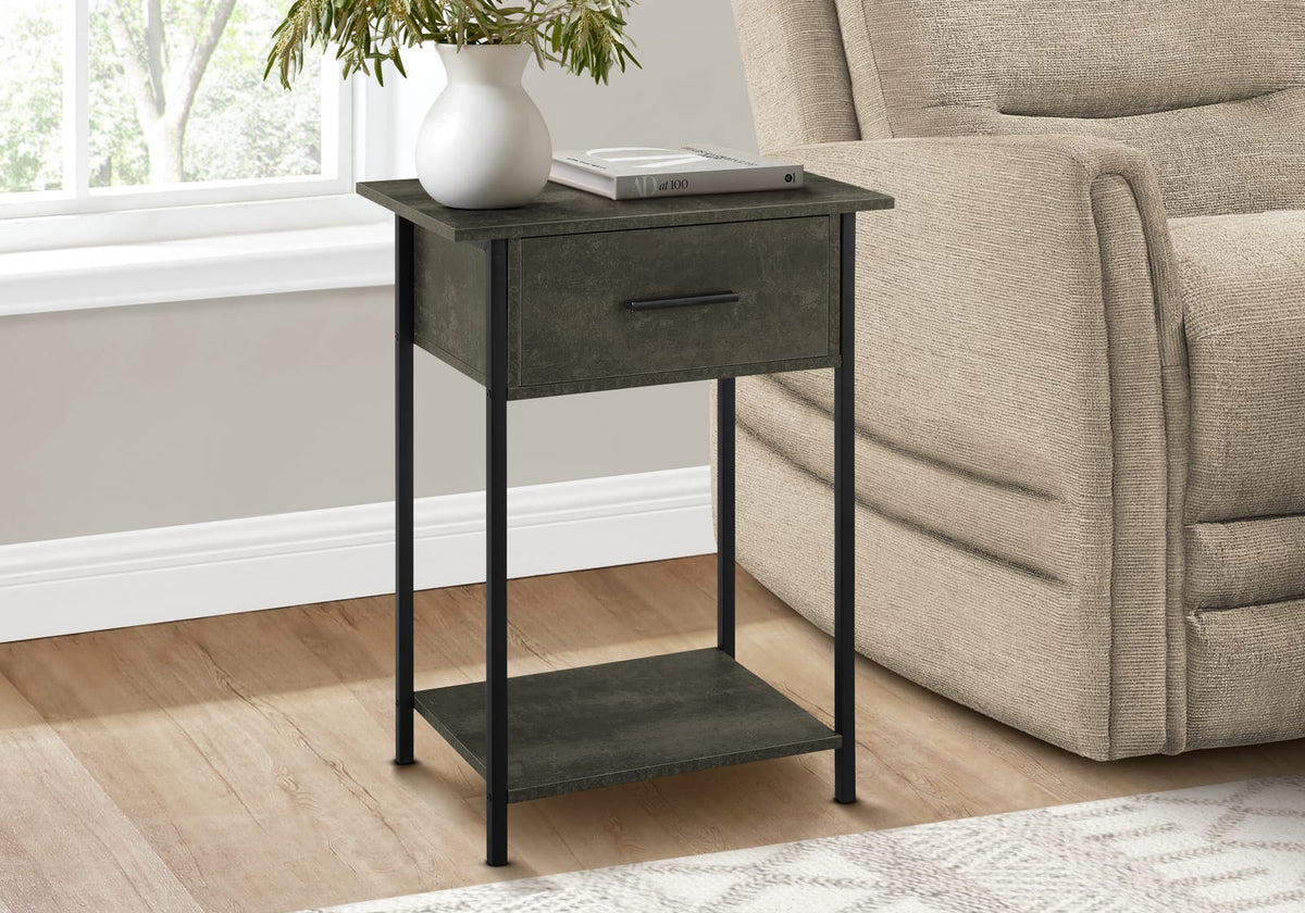 2 Tier Accent Table - Black Metal, Storage Drawer