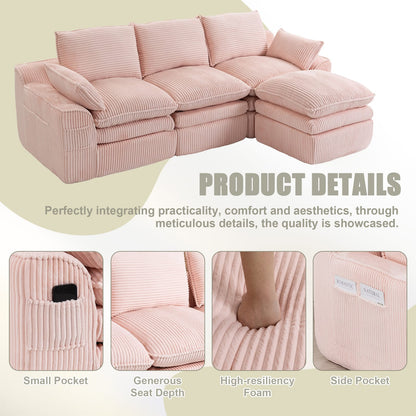 Pink Corduroy 3-Seat Sectional Sofa - Plush Comfort for Living Room