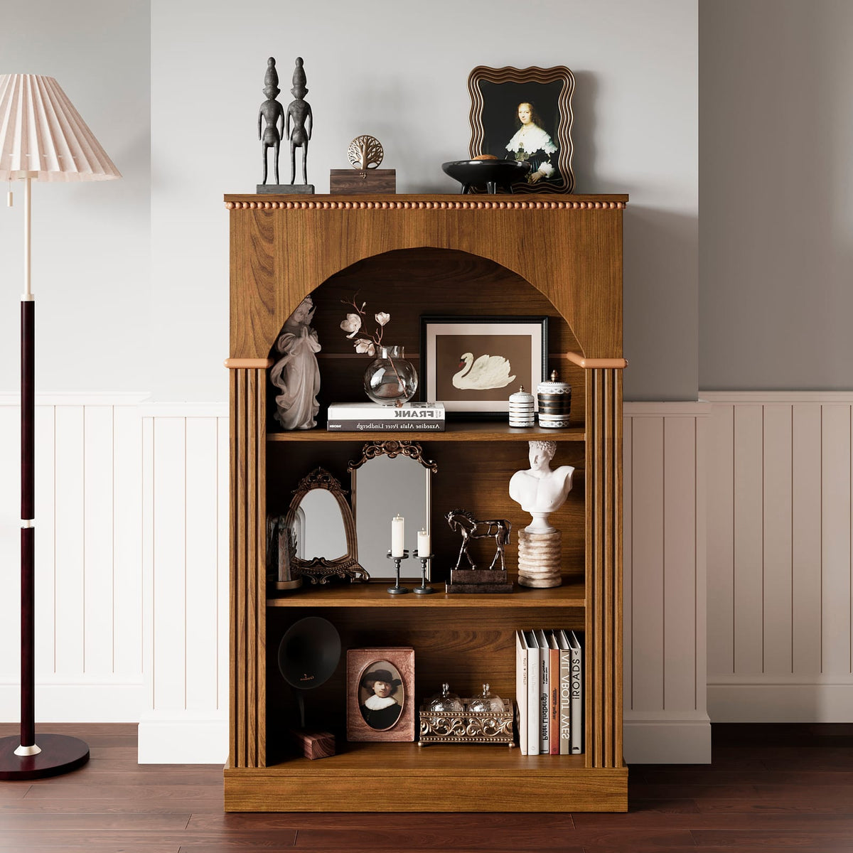 Walnut Melamine Arched Bookshelf - 3 Tier Display Shelf for Living Room