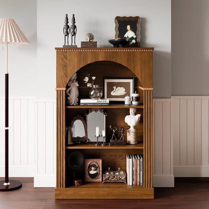 Walnut Melamine Arched Bookshelf - 3 Tier Display Shelf for Living Room