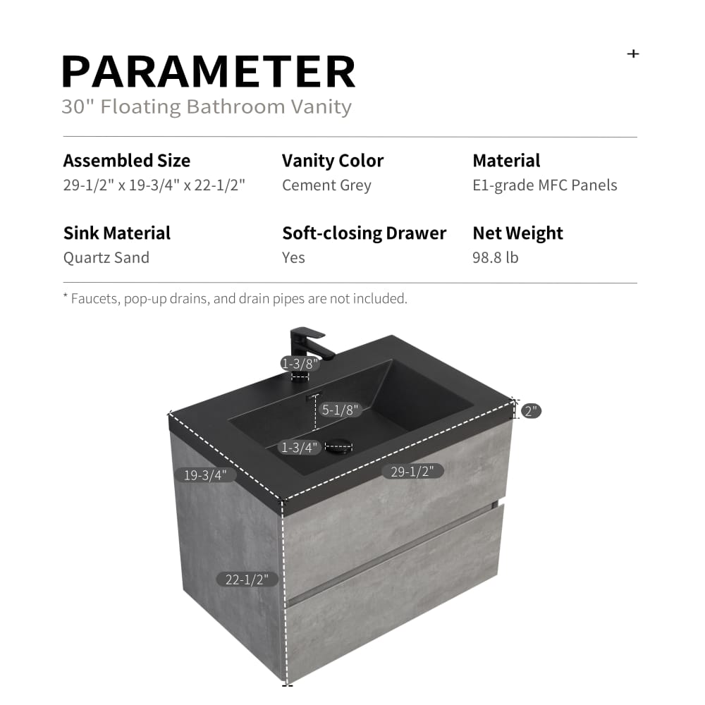 30 Inch Grey Floating Bathroom Vanity with Quartz Sand Sink